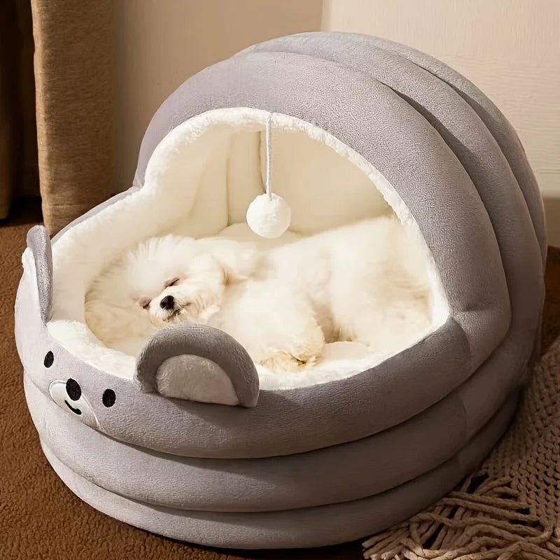 Comfortable Plush Pink Plush Cat Bed Detachable Washable Padded Kitten House with Cute Rabbit Ears and Cute Hanging Balls