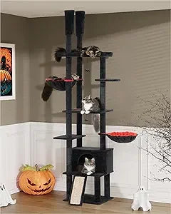 Gothic Floor to Ceiling Cat Tree for Large Cats, Large Perch Beds, Adjustable Halloween Tower [86''-108''=220-274CM], Corner Cli