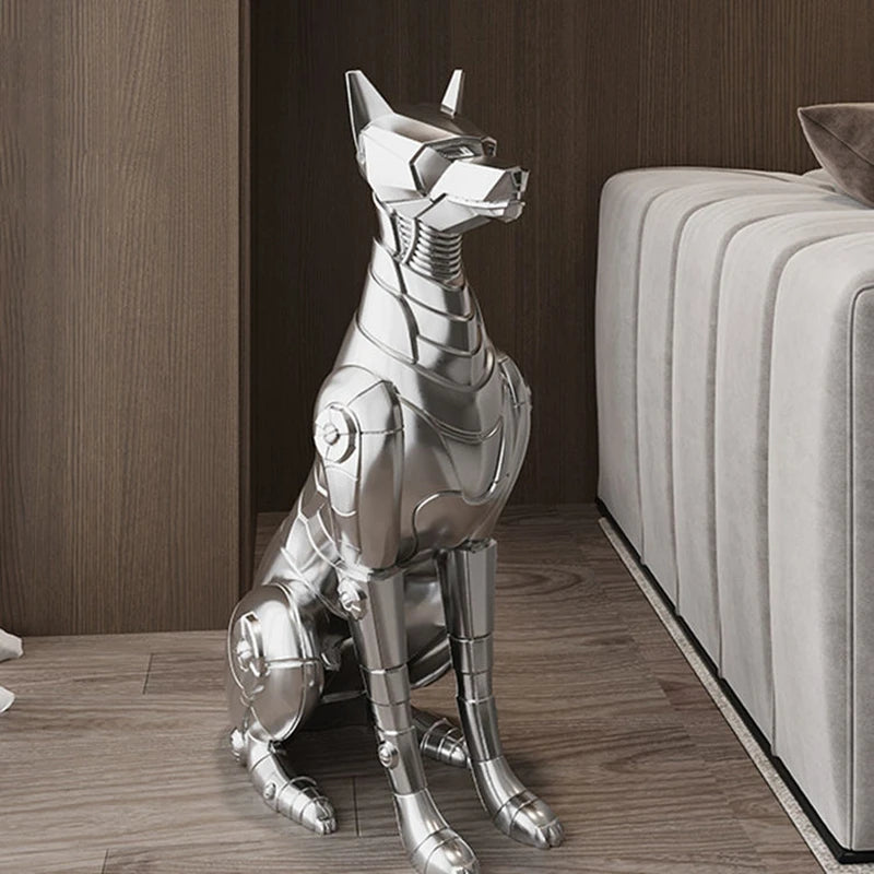 Modern Fashion Interior Resin Animal Sculpture Home Villa Corner Proch Electroplated Silver Doberman Dog Statue