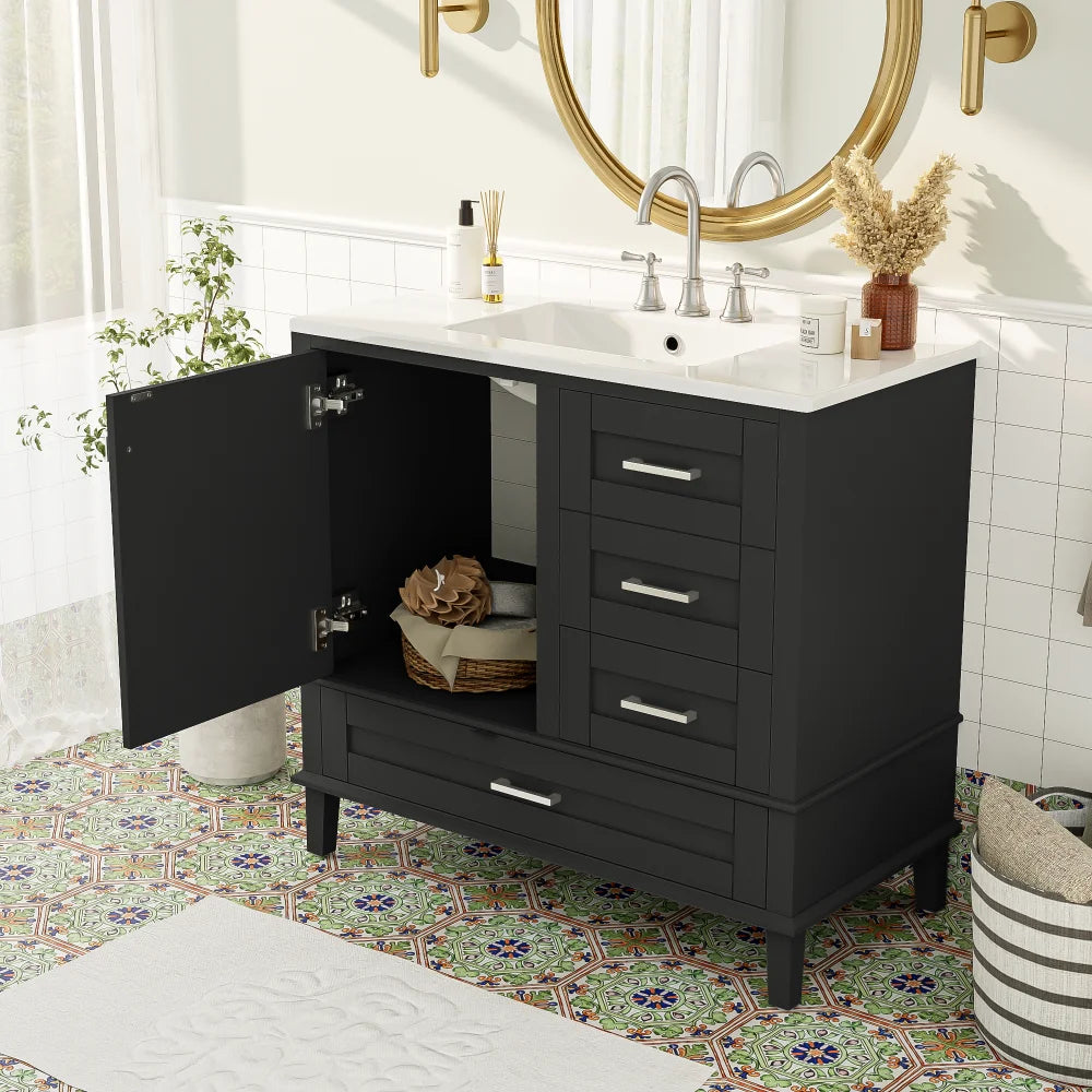 36" Black Bathroom Vanity with Solid Pine Frame, 1 Soft Close Door and 3 Drawers , Modern Storage Cabinet