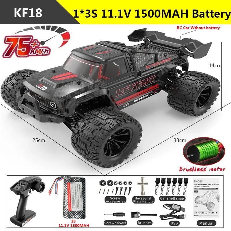 KF18 1:14 4WD RC Car Off-Road Racing High Speed Brushless Motor 2.4G Remote Control Cars Truck 75km/H Truck With LED Light Toy