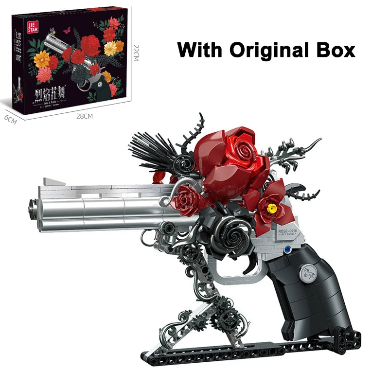 MOC Mechanical Retro Rose Revolver Building Blocks West Cowboy Pistol Guns Flowers Bricks Toys Collection Ornaments Kids Gifts