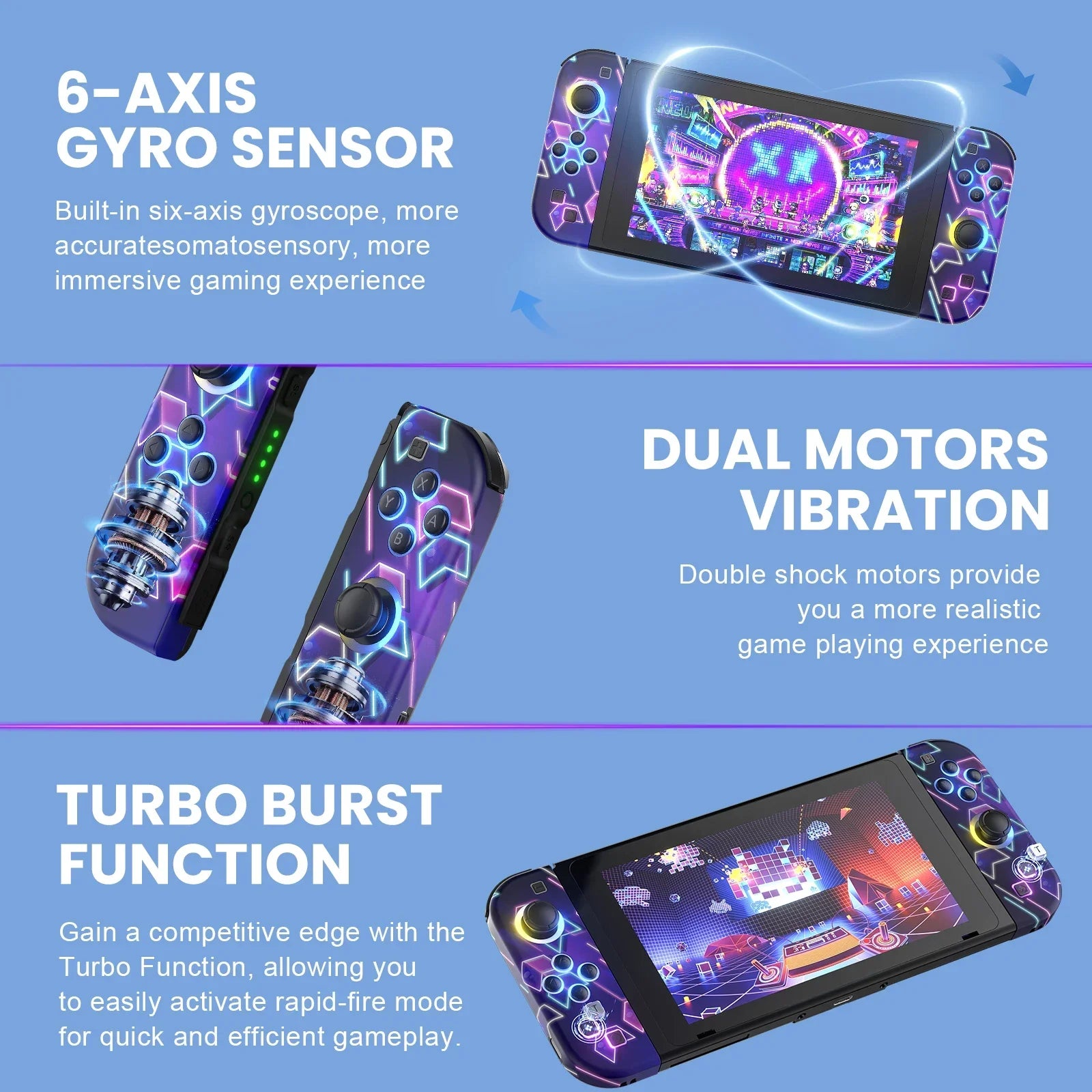 Joypad For Nintendo Switch/OLED/Lite - Vibration Turbo Wake-up FUNC NO Drift , Wireless Controller L/R Handle RGB Light