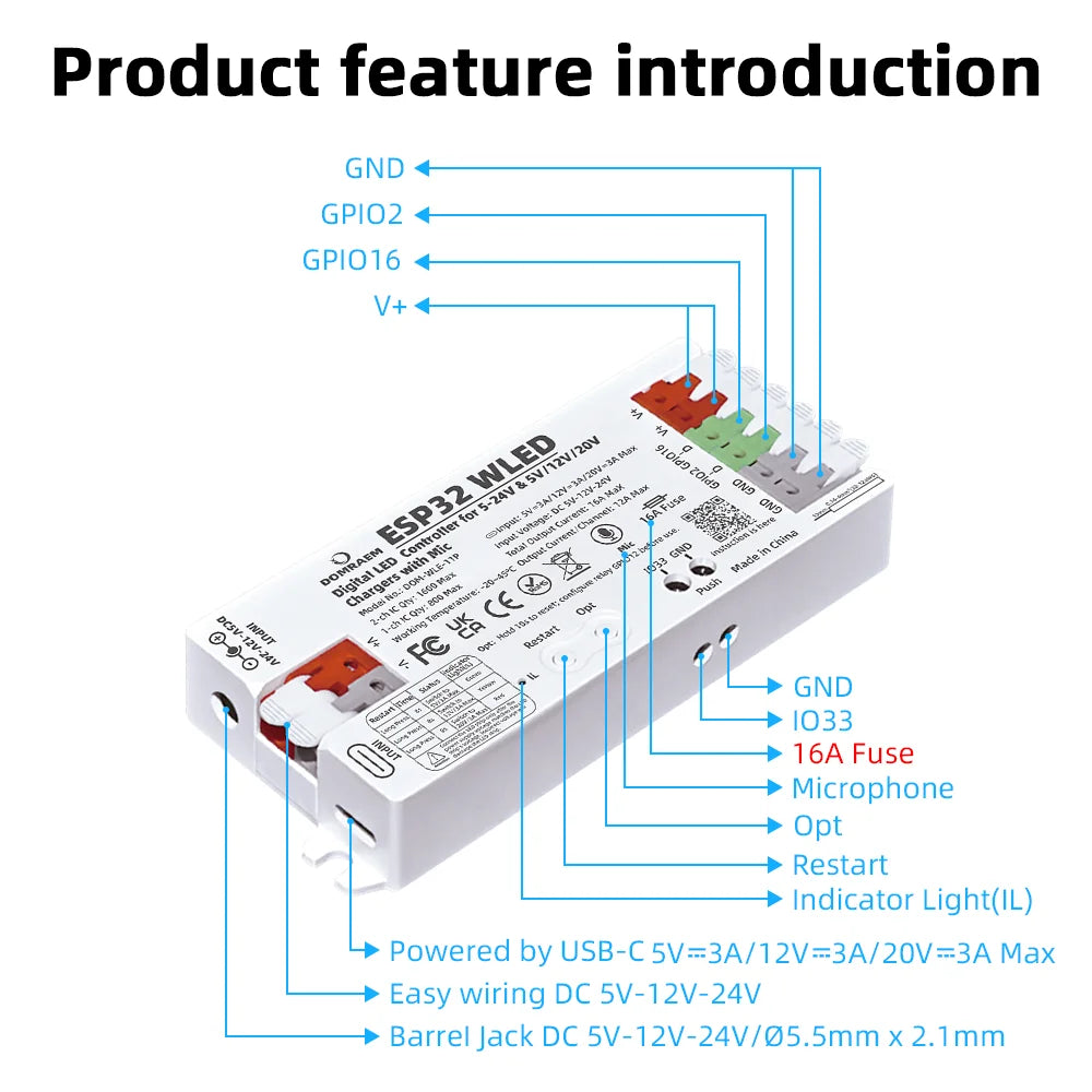DOMRAEM PD ESP32 WLED Digital LED Controller with Microphone Dual Power Input USB-C PD& DC5-24V for WS281x  APA102 SK6812 etc.