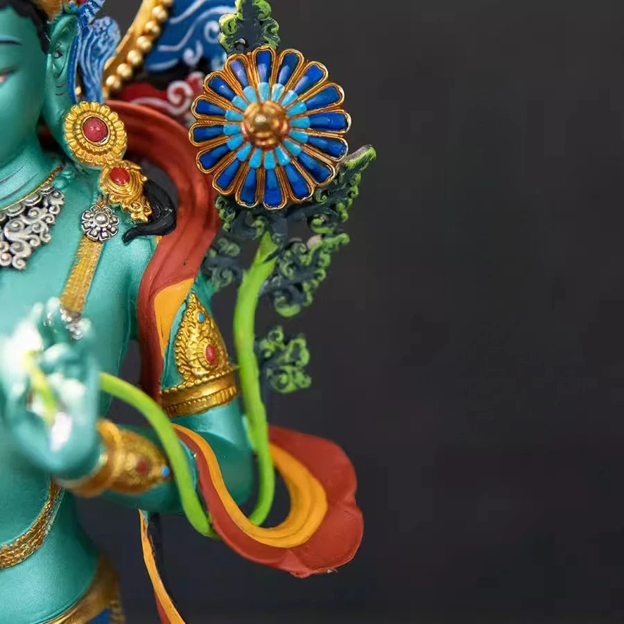 Nepal Tibet Craft Handmade Pure Copper Green Tara Statue Tibetan Buddhist Tantric Painted Standing Figure