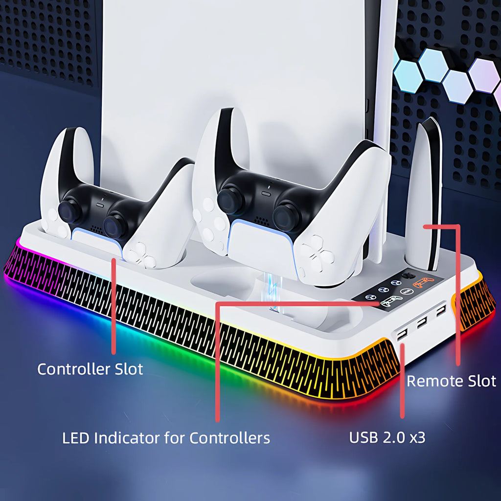 Cooling Station for PS5/PS5 Slim/PS5 Pro, YH66S Vertical RGB PS5 Cooling Stand with Controller Charging Dock, Headset Hook, USB