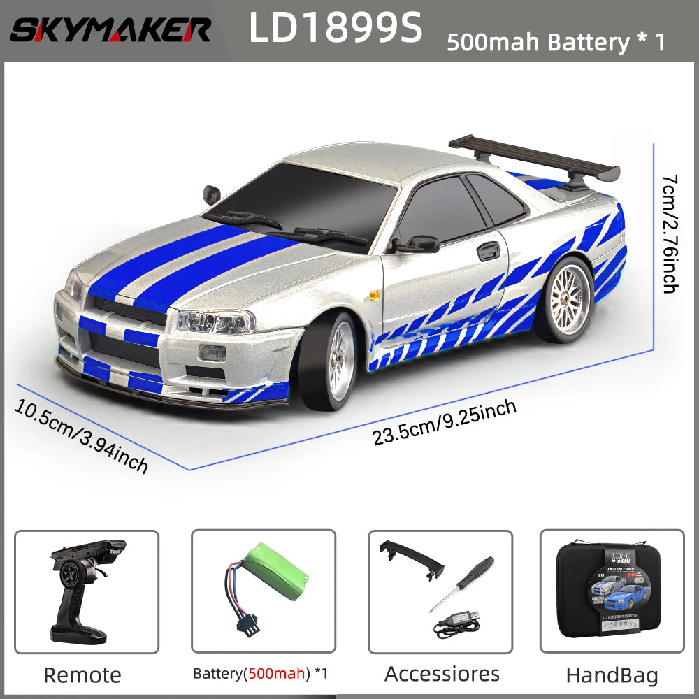 Skymaker LDRC 1/18 RC Drift Car LD1899 GTR-Modus R34 2,4 GHz RWD mit Gyroskop On-Road-Legierung Karosserie Rennwagen für Jungen Geschenke