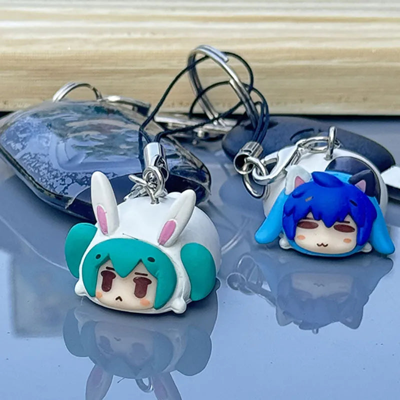 1pcs Boxed Anime Hatsune Miku Kaito Rin Len Kawaii Bee Q Version Figure PVC Model Toys Key Ring Pendant Gifts