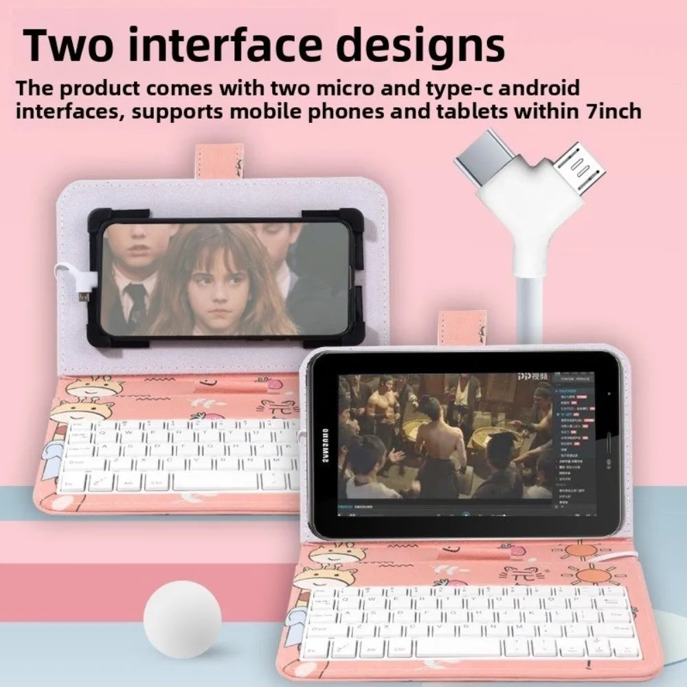 Portable Keyboard Mouse Set Type C & Micro Available PU Leather Shell Phone Holder Bluetooth Mouse Home Work Keyboard