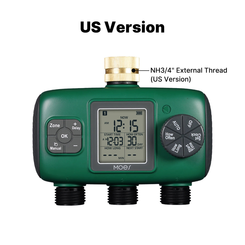 MOES Wassertimer 1-4Outlet Messingeinlass Drehknopf-Tastensteuerung mit LCD-Bildschirm Regenverzögerung Kindersicherung Gartensprinkler