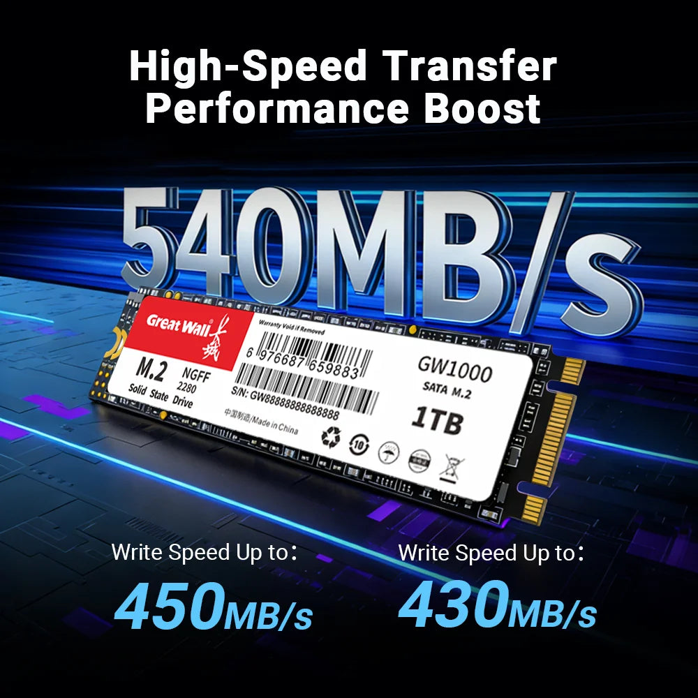 Great Wall M.2 2280 SSD Hard Disk 128GB 256GB 512GB 1TB NGFF 2TB Solid State Drives 540MP/S M2 SATA for Desktop PC Notebook