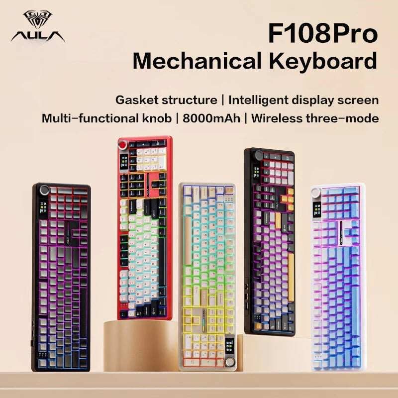 AULA F108 Pro Bluetooth 2.4G wired three-mode connection mechanical keyboard full-key hot-swappable gasket structure RGB light