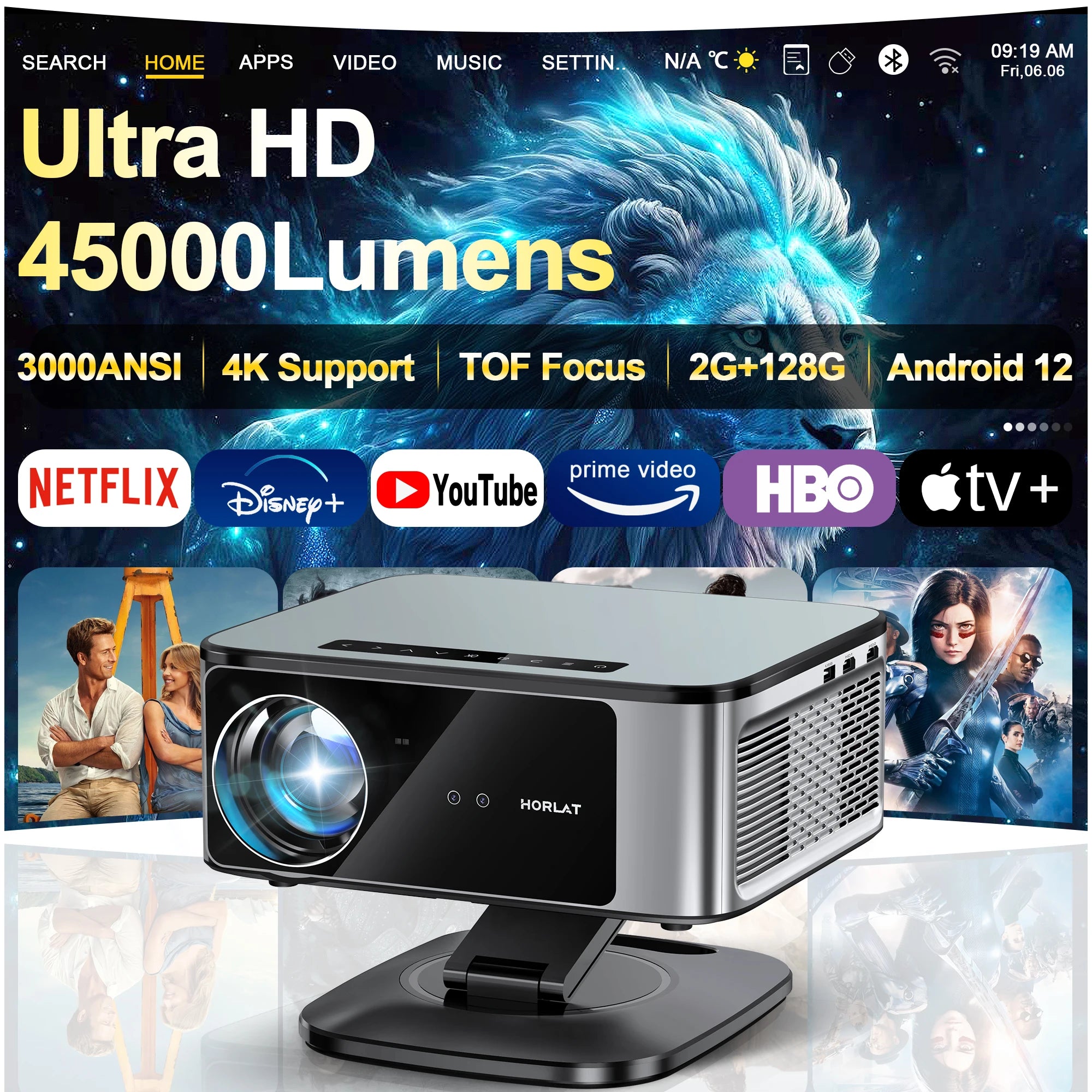 2025 Horlat 45000 Lumens 4K UHD Projector Laser TOF Focus Android 12 WiFi 1080P Full HD Home Theater Movie Projector for Netflix
