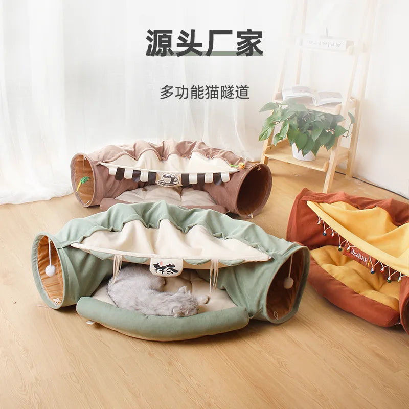 Cat Beds House 3 in 1 Round Funny Soft Warm Plush Cat Bed Cat Tunnel Toy for Small Dogs Basket Kittens Bed Mat Kennel Pet Nest