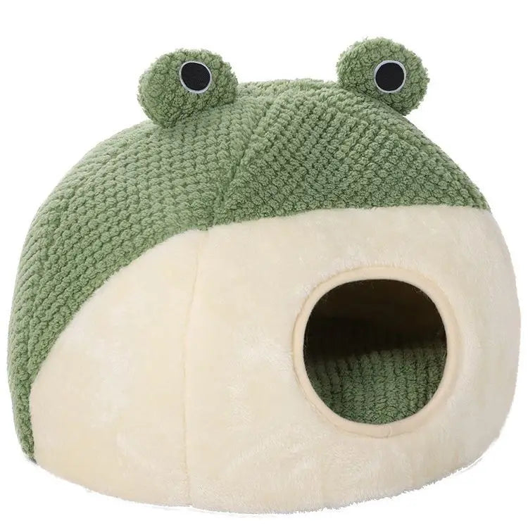 Ganzjahres-Universal-Katzenhaus, Little Frog-Serie, halbgeschlossenes Hundehaus, warmes Hundebett im Hausstil aus Plüsch