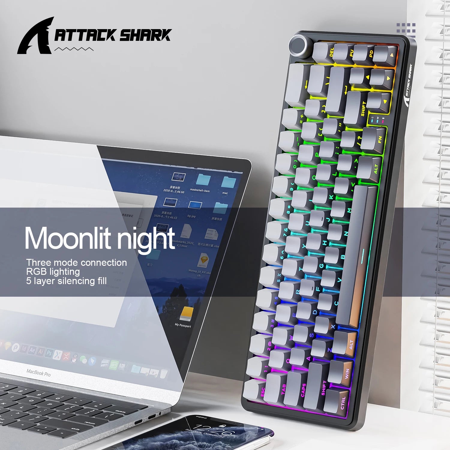 Attack Shark X66 Wireless Mechanical Keyboard,RGB Lighting,Hot-swappable,Metal Knobs,Suitable for FPS. games,Win&Mac