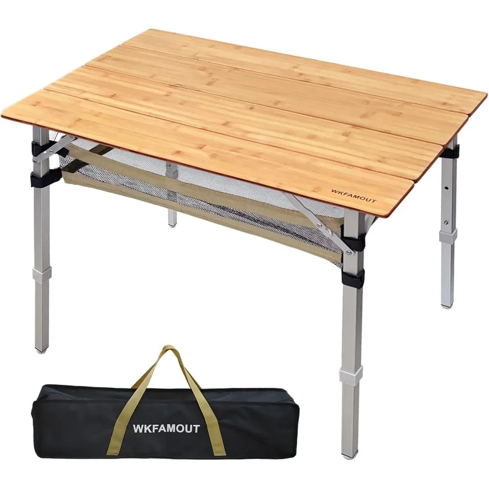 Bamboo Folding Camping Table 4 Folds with Adjustable Aluminum Legs Portable Picnic Table with Storage and Carry Bag for Outdoor