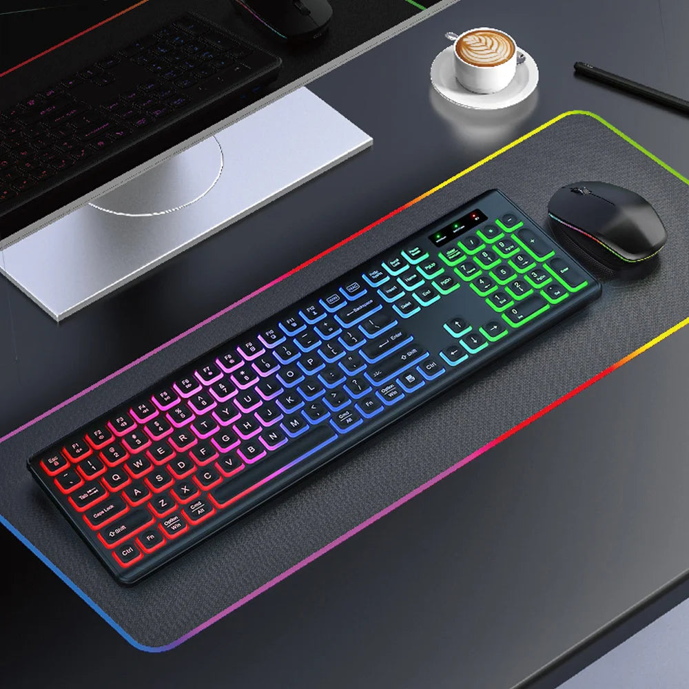 Wireless Keyboard and Mouse Combo RGB Backlit Rechargeable Light Up Letters Ergonomic Tilt Angle Sleep Mode 2.4GHz Quiet Mac PC