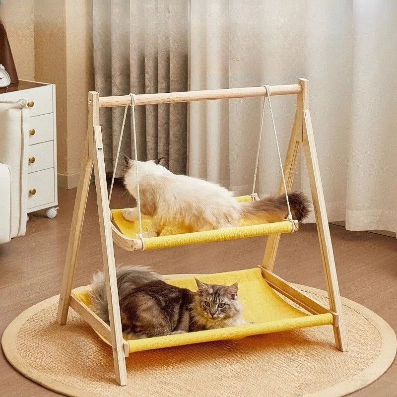 Doppellagiges Katzenhängemattenbett mit Holzrahmen, Ganzjahres-Haustierschaukel für Katzen