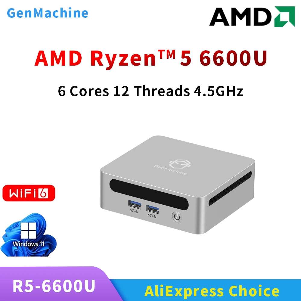 GenMachine Ryzen 5 6600U Mini PC 3.8GHz-4.4GHz TDP 15W Windows 11 LPDDR5 16G 6400Mhz WIFI6 Gaming Pc Mini Pc Diy Gaming Computer
