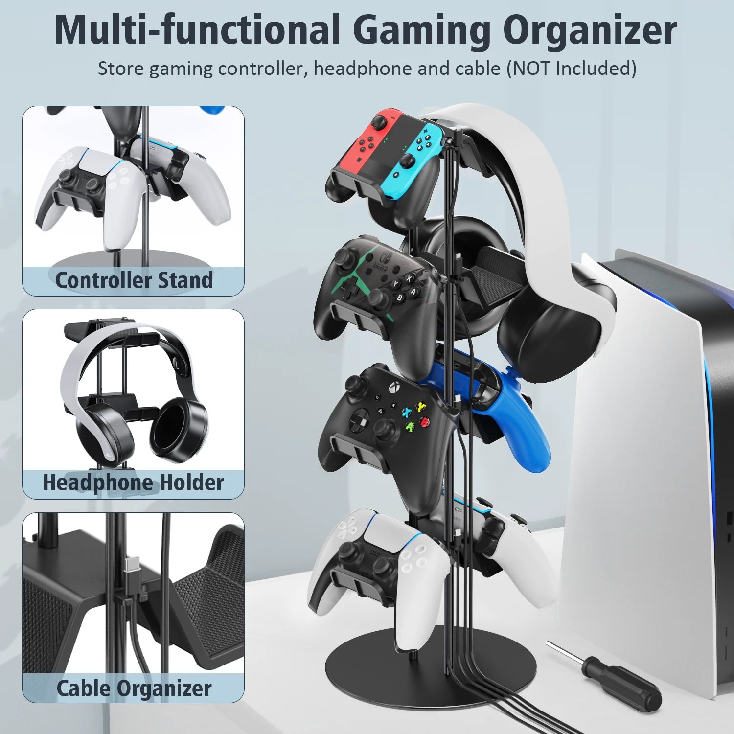 Universal Controller Stand 4 Tiers with Cable Organizer Headset Holder & Desk Mounts for 8 Packs Controller