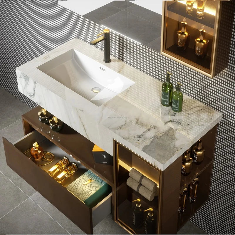 High End Bathroom Cabinet Vanity with Seamless Splicing Basin and Multifunction Mirror Cabinet