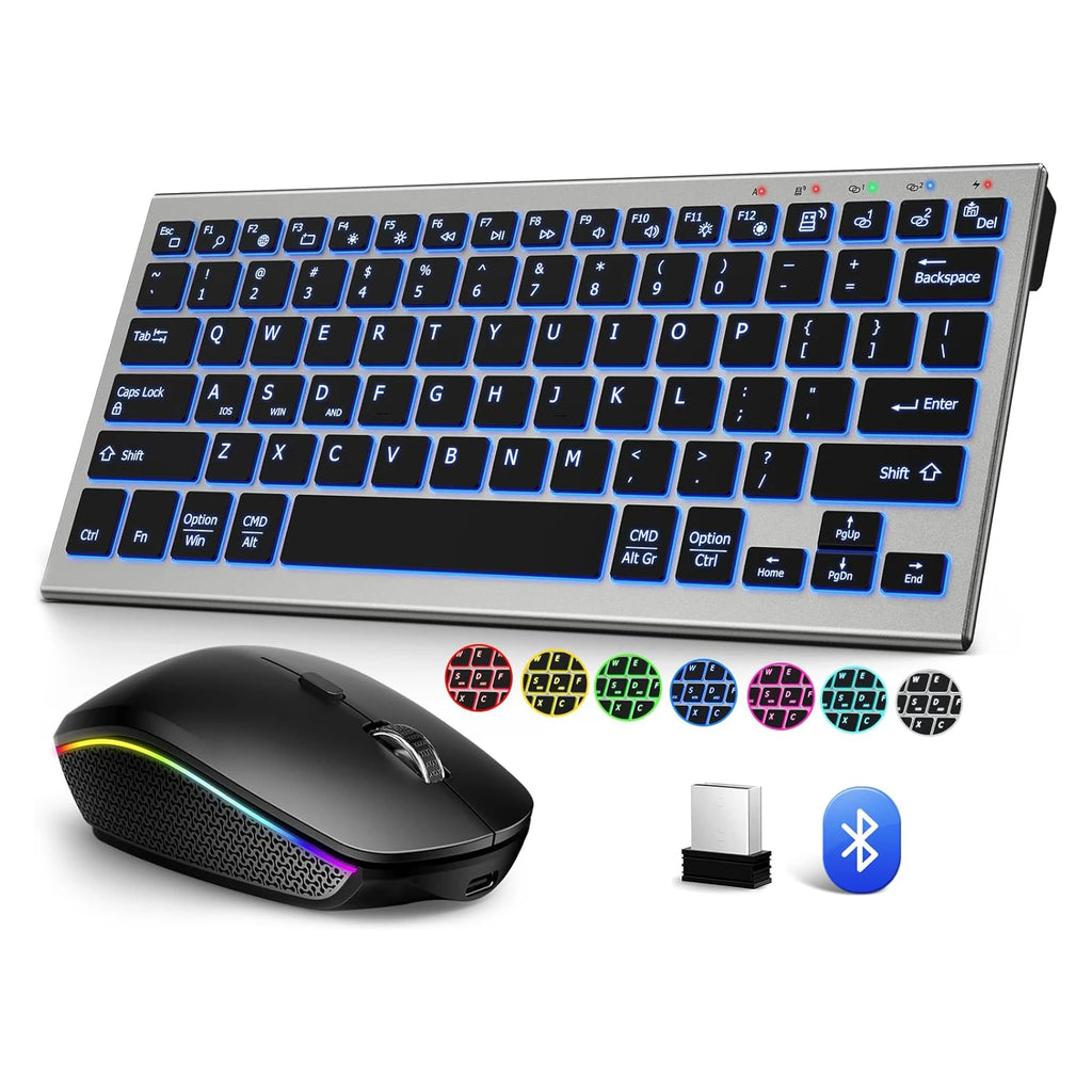 Kabellose Tastatur- und Mauskombination, Bluetooth, RGB-Hintergrundbeleuchtung, leise, schlank, kompakt, Schere, wiederaufladbar, 2,4 G, USB, für PC, Laptop, iPad, Mac