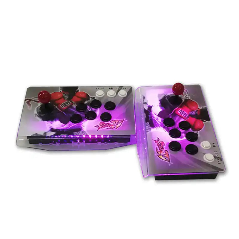 Pair of LED joystick controllers with a purple glow on a white background