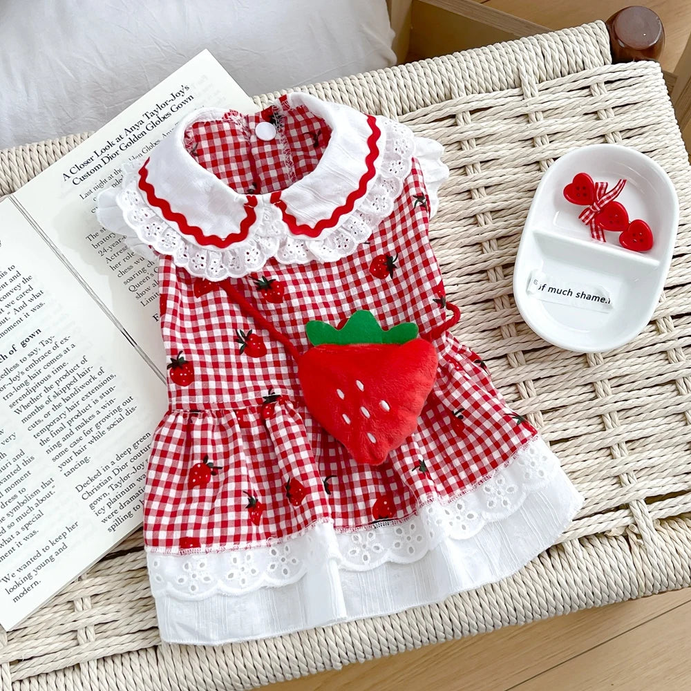 Erdbeerkleid für Hunde, Sommer, Frühling, niedlich, kariert, für Frauen, Mädchen, Welpen, Haustier, Katze, Kleidung, Kleidung, Yorkie, Chihuahua, kleine und mittelgroße Möpse