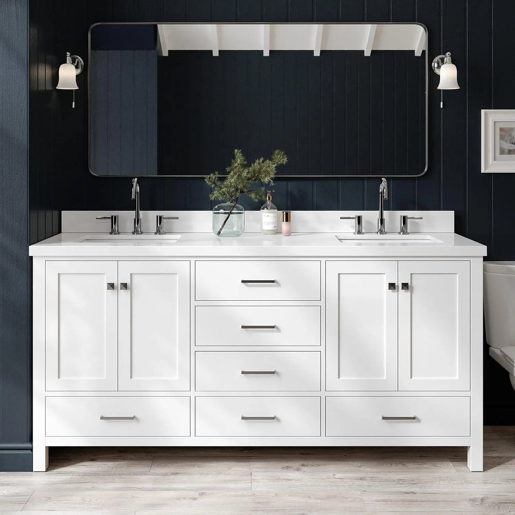 Cambridge White Double Sink Bathroom Vanity 73" with 1.5" Edge Pure White Quartz Countertop & Splash, Rectangle Sink