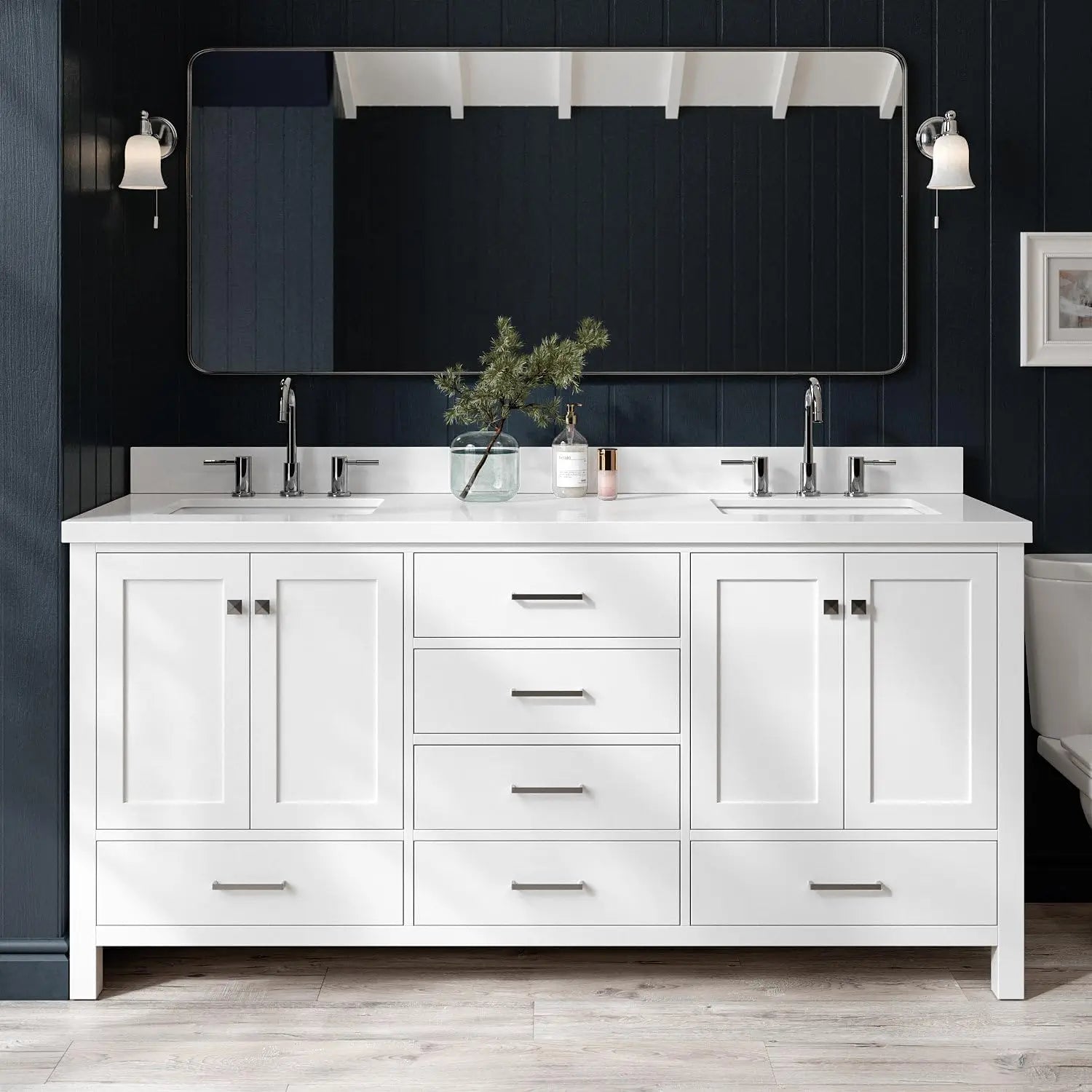 Cambridge White Double Sink Bathroom Vanity 73" with 1.5" Edge Pure White Quartz Countertop & Splash, Rectangle Sink
