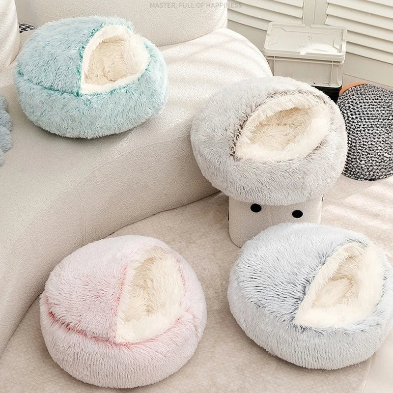 40/50/60cm Autumn and Winter Round Cat Bed Warm Soft Plush Shell Style Sleeping Nest for Small Medium Large DogCat Katzenzubehör