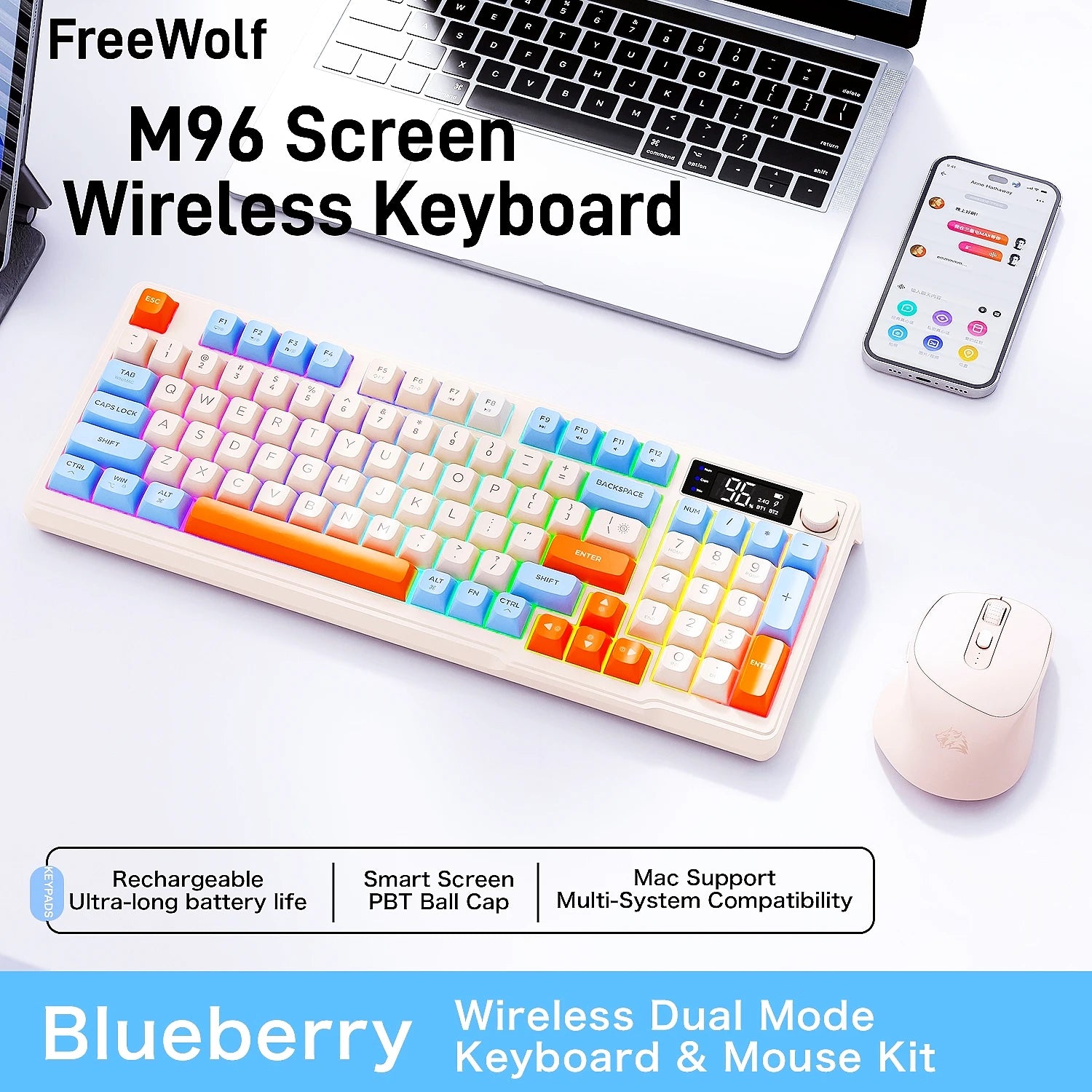 M96 Screen Wireless Keyboard Mouse Kit ZIYOULANG Bluetooth Keyboard With Mouse Gaming,Electronic Screen, Multi-Device Connection