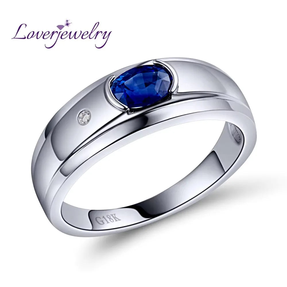 LOVERJEWELRY Men Jewelry Ring Pure 18KT White Gold Natural Sapphire Gemstone Ring Diamond Man Rings For Husband Anniversary Gift