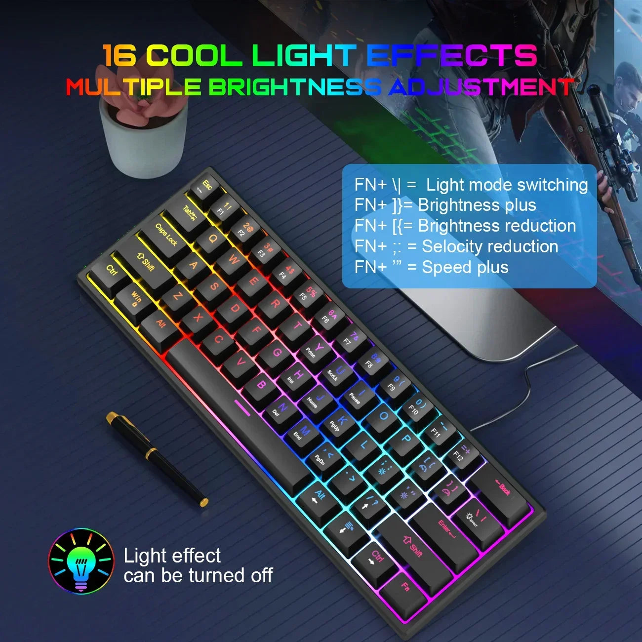 Mechanische Tastatur mit 61 Tasten, kabelgebundene Gaming-Tastatur für Laptop, Desktop, Ergonomie, RGB-Hintergrundbeleuchtung, Cyan-Achsen-Tastenkappen, PC-Zubehör