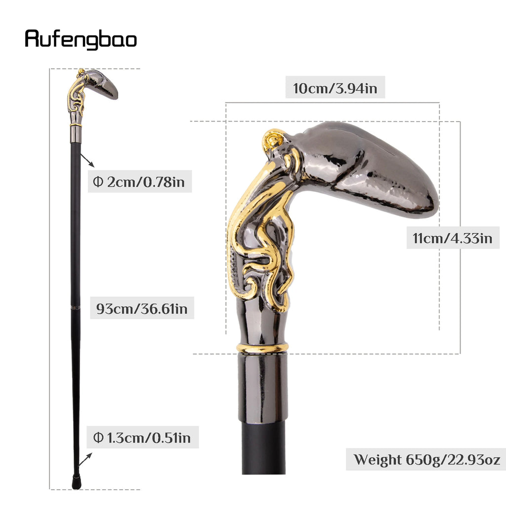 Golden Black Octopus Fish Squid Walking Cane Fashion Decorative Walking Stick Gentleman Elegant Cosplay Cane Knob Crosier 93cm