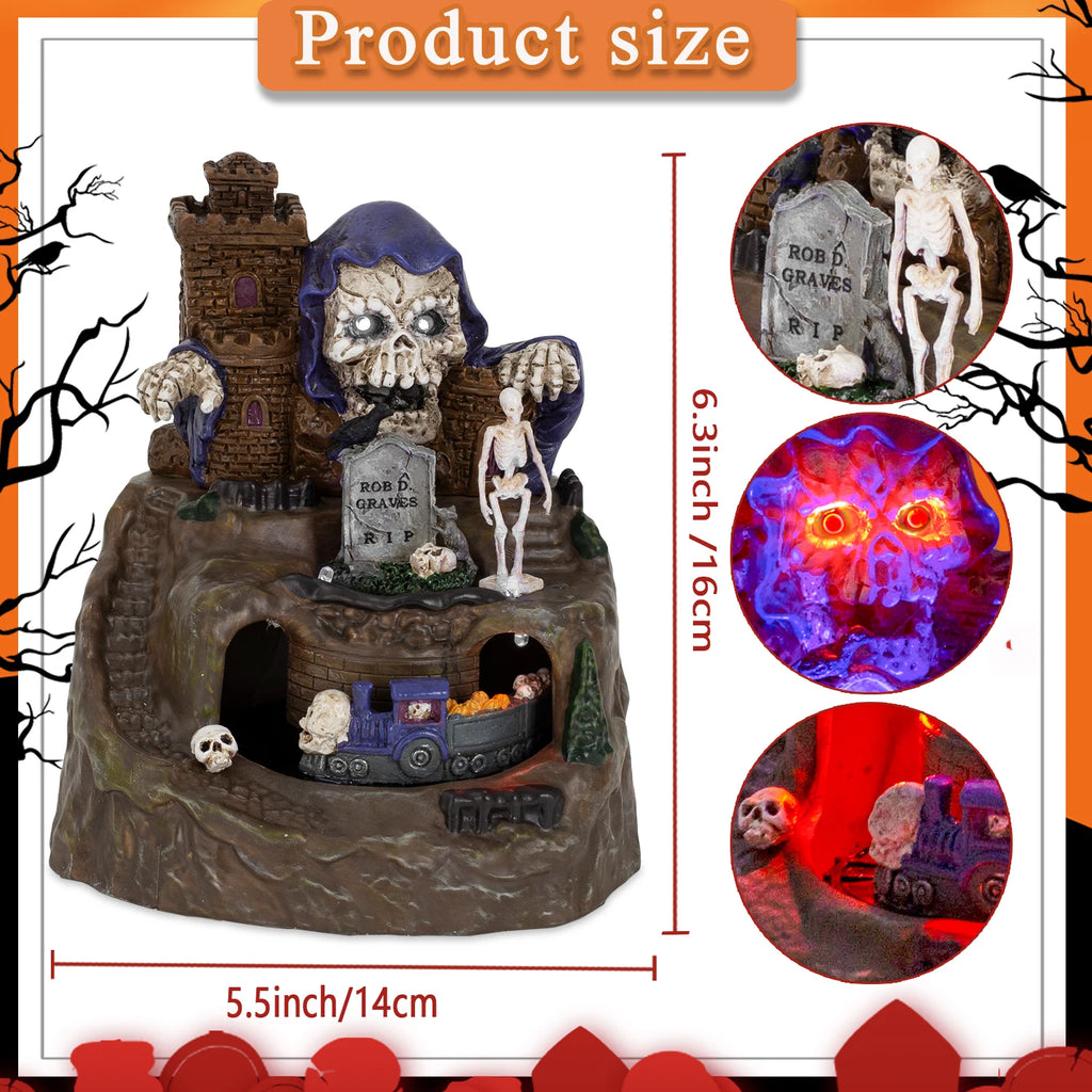 Animiertes Halloween-Dorfhausdekor mit fahrendem Zug, beleuchteter Musik, Totenkopf, Geistern, Grabsteinen, Figuren und gruseliger Partyatmosphäre