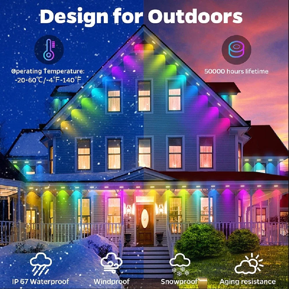 15M/30M/45M/60M RGBIC Smart Eaves Light with APP/Remote Control IP67 Waterproof Outdoor String Lights House Roof Garden Lighting