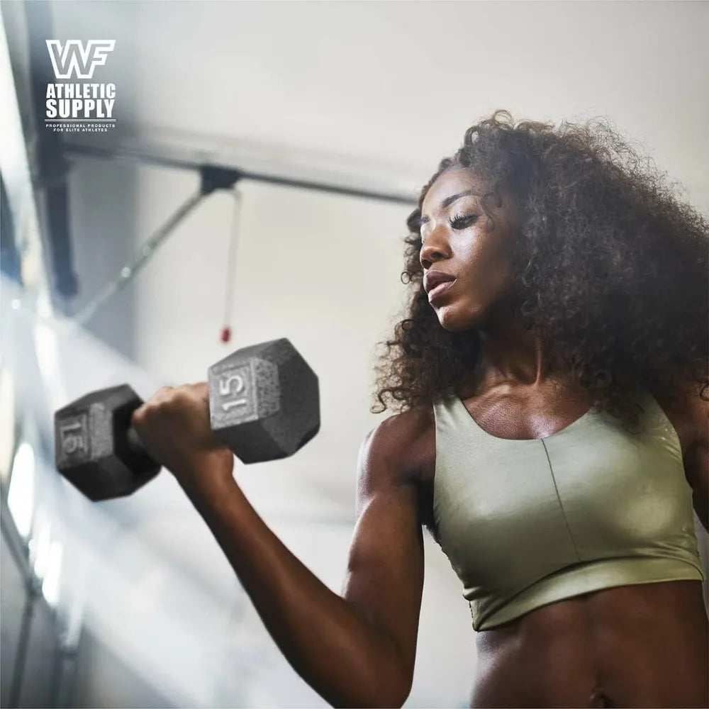 WF Athletic Supply Чугунени дъмбели от 5 до 25 паунда със стойка за съхранение и шестоъгълен дизайн за вдигане на тежести