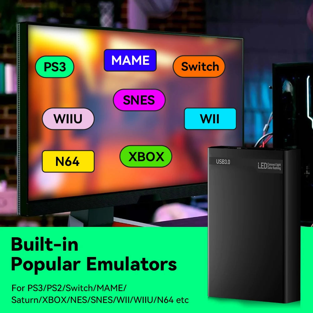MIX500G Spielfestplatte mit über 38200 Retro-/PC-Spielen, Plug &amp; Play-Spielkonsolen für PS3/PS2/Switch/SNES/XBOX/N64/WII/GBA für Windows