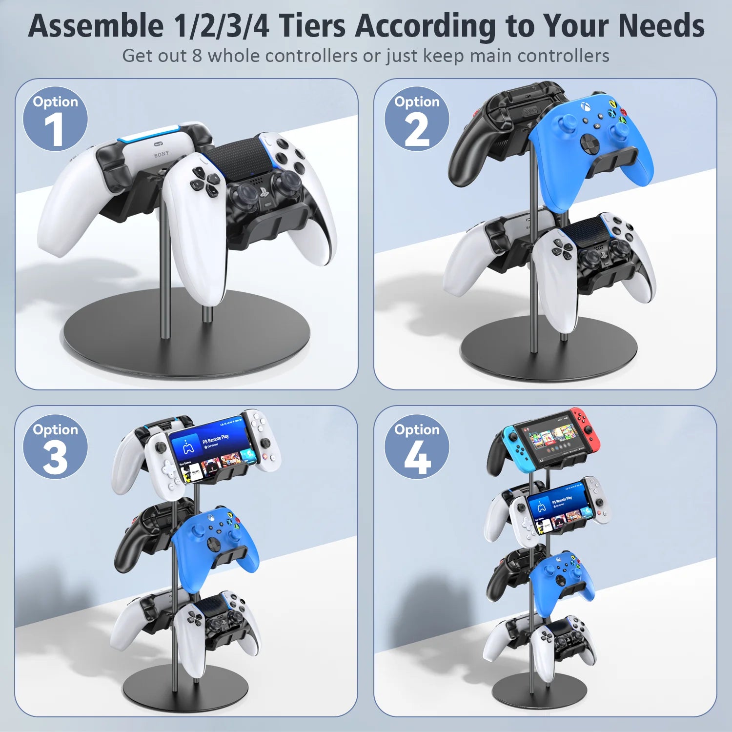 Universal Controller Stand 4 Tiers with Cable Organizer Headset Holder & Desk Mounts for 8 Packs Controller