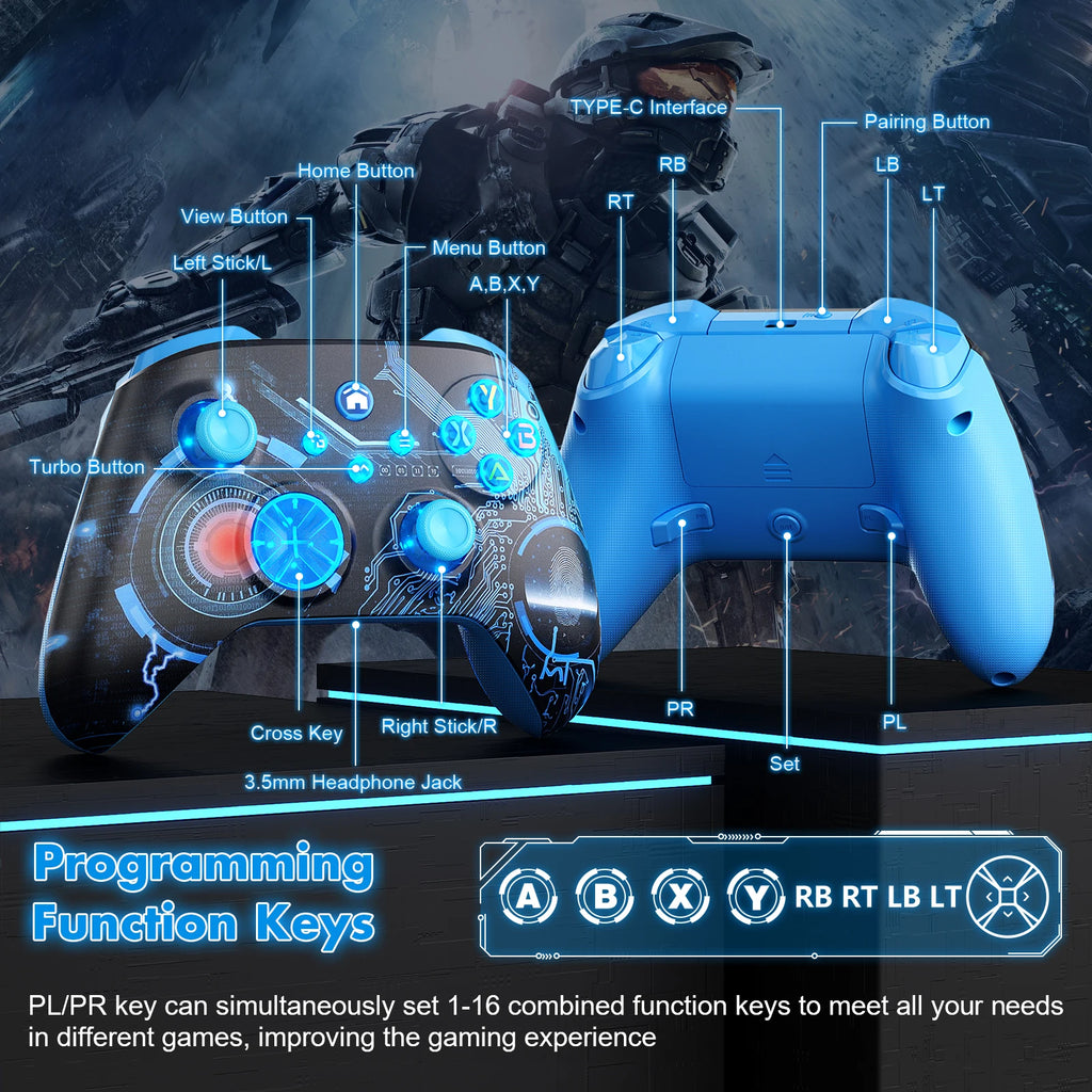 Controller for XBox One/Series S/X/PC Console Wireless Dual Vibration Game Joystick W/ RGB Hall Effect 6-Axis Gyro FUNC Gamepad