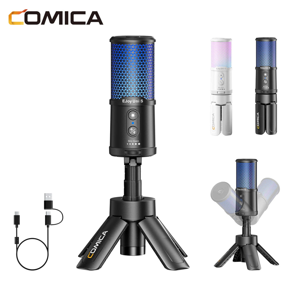 COMICA UNI S USB Gaming Microphone with RGB Condenser Mic with Gain Control Monitoring AI Denoise for PS4,PS5,PC for Streaming