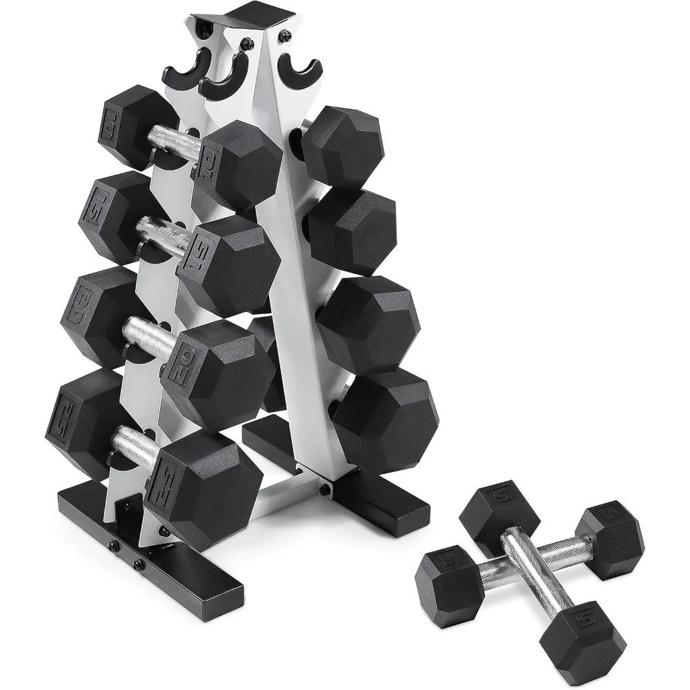 WF Athletic Supply 5 to 25 Pound Rubber-Coated Hex Dumbbell Set with Storage Rack for Muscle Toning and Strength Training