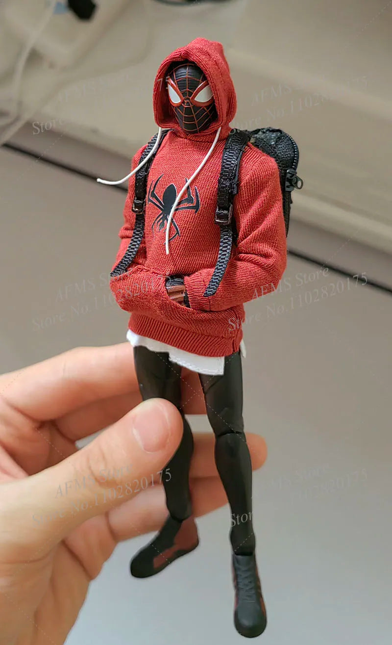 1/12 Men Soldier Miles Cosplay Clothes Long Sleeve Print Hoodie Black Backpack Sneaker For DIY 6" Spider Boy Action Figure Body