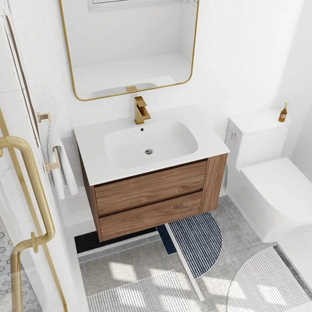 Bathroom Vanity with Gel Sink Combo Wall Mounted Cabinet Set, Modern Float Mounting Bathroom Vanity Set with 2 Drawers