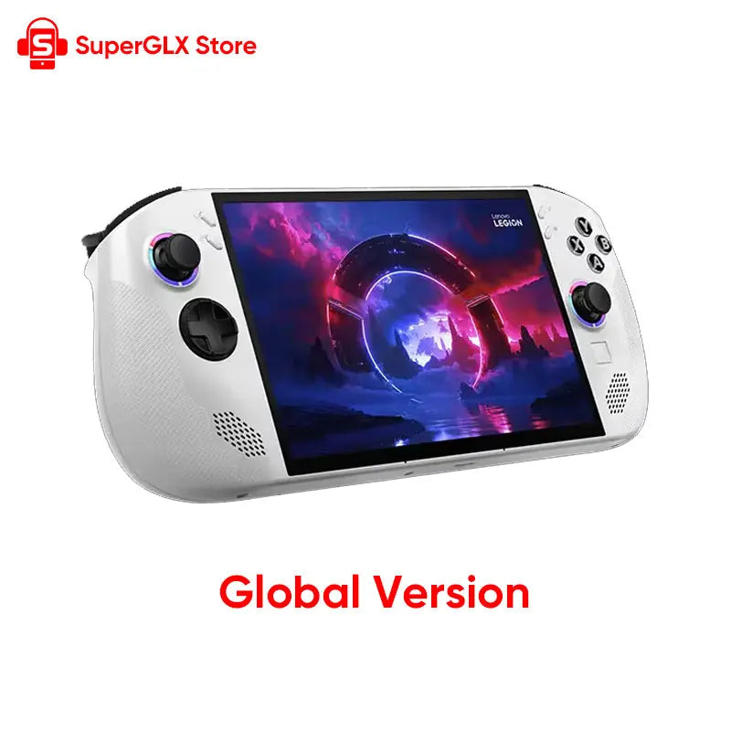 Lenovo Legion Go S handheld gaming device in ice white color with SuperGLX Store branding.
