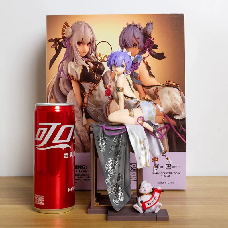 22cm Re:Zero Emilia and Rem Chinese Dress Figure Set - Elegant Qipao Anime Statue, Cute Collectible Model & Desktop Decor