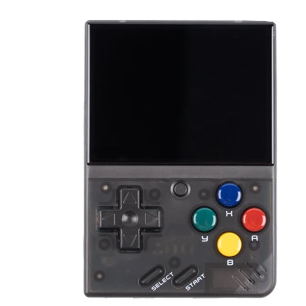Portable retro game console with features listed on a white background