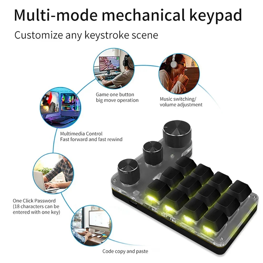 Mini-Bluetooth-Programmiermakro, benutzerdefinierte 3-Knopf-Tastatur, RGB, 12 Tasten, Kopieren und Einfügen, Photoshop, Gaming-Tastatur, mechanisches Hotswap-Makropad